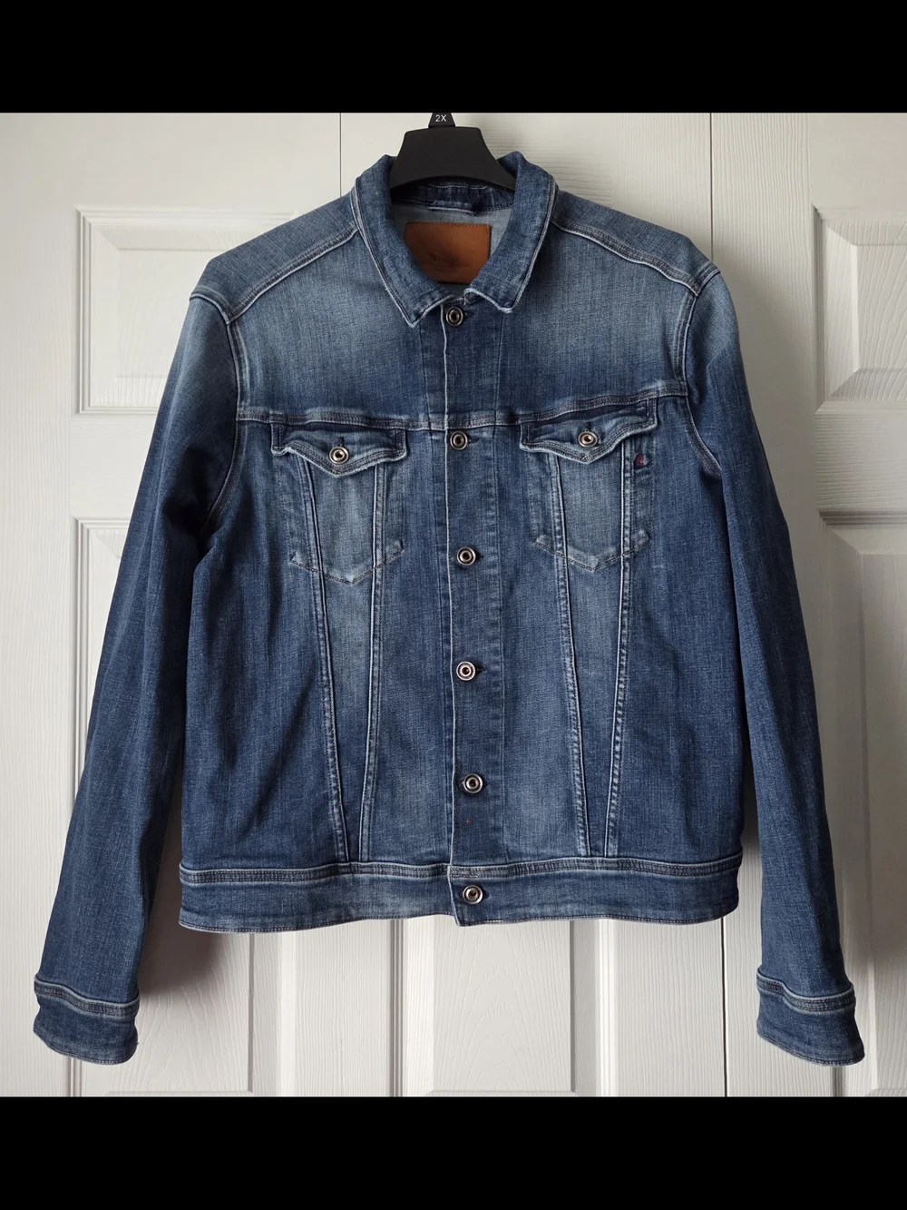 Replay Leather Logo Patch Blue Distressed Denim Jacket Size XXL